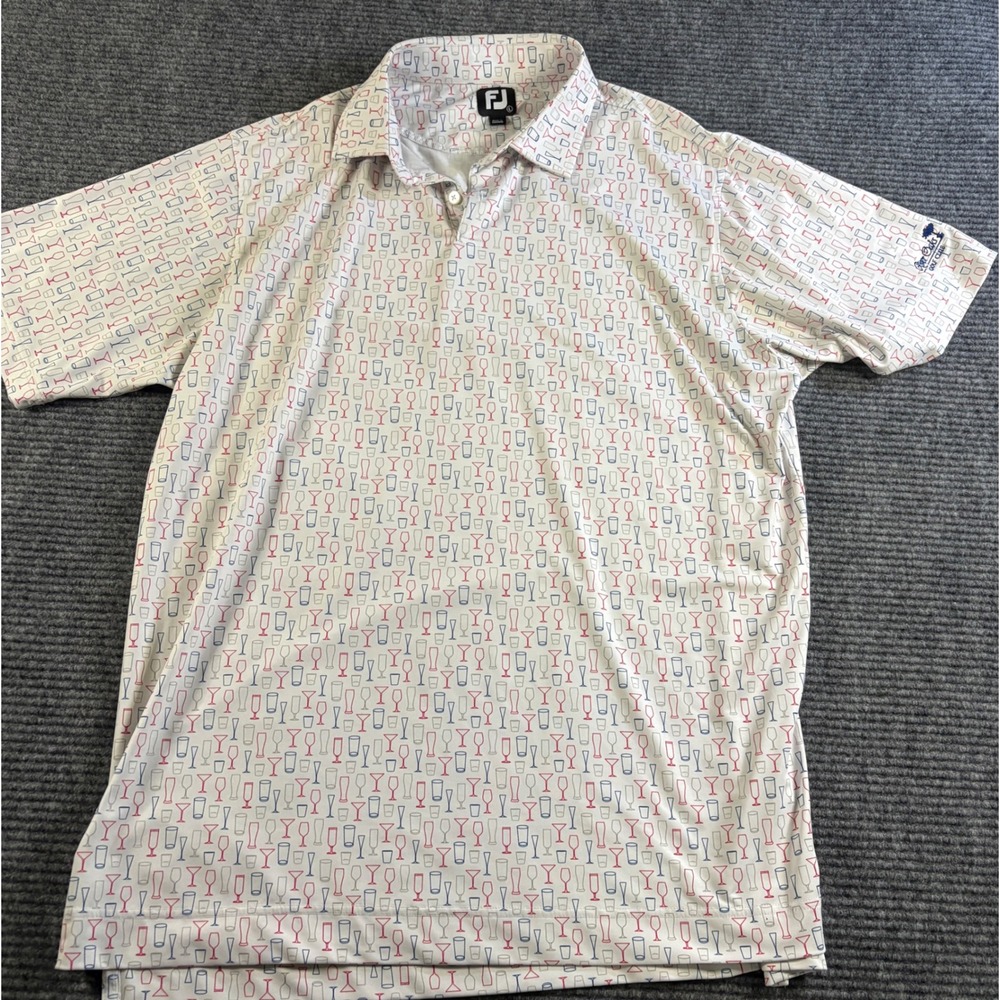 FootJoy Mens Golf Polo Shirt Large White Cocktail Glass Print River Oaks Logo